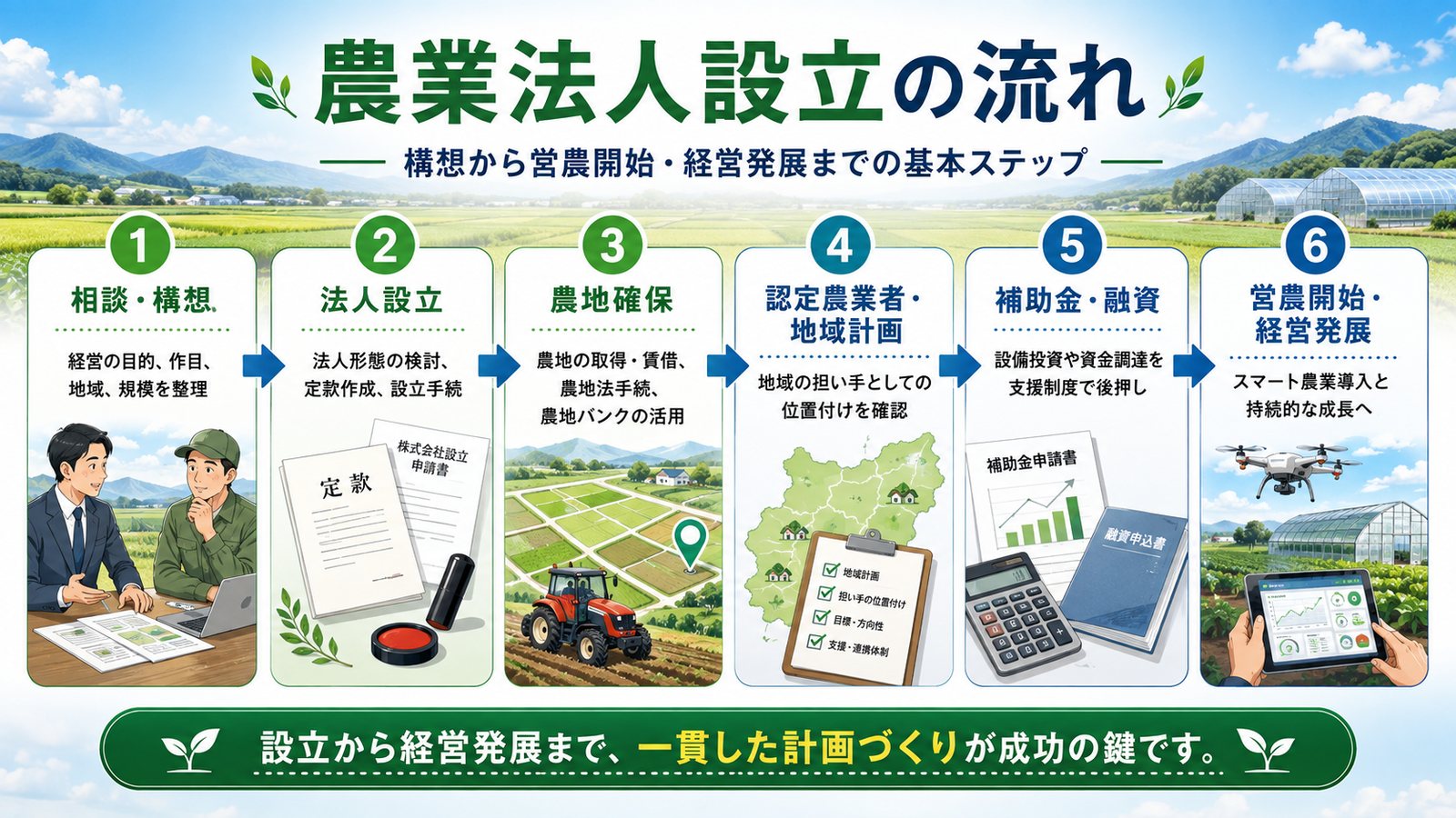 農業法人設立の流れ - 構想から営農開始・経営発展までの基本ステップ