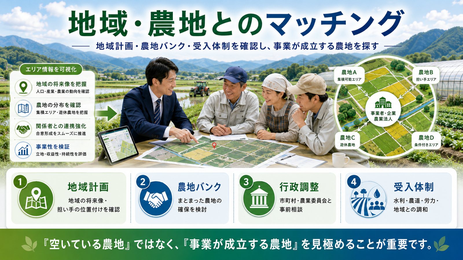 地域・農地とのマッチング - 地域計画・農地バンク・受入体制を確認し、事業が成立する農地を探す